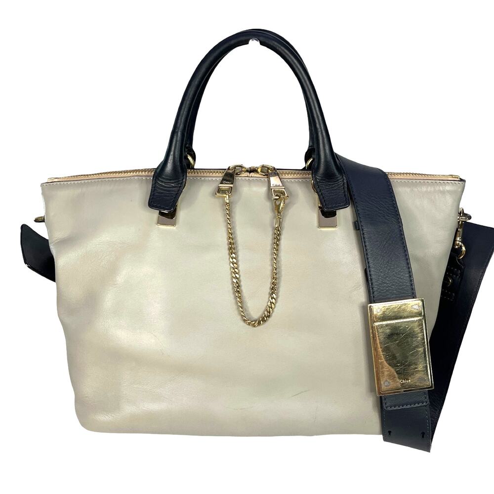 Chloe Baylee Leather Satchel Bag Navy Cream Colorblock Shoulder Crossbody Italy